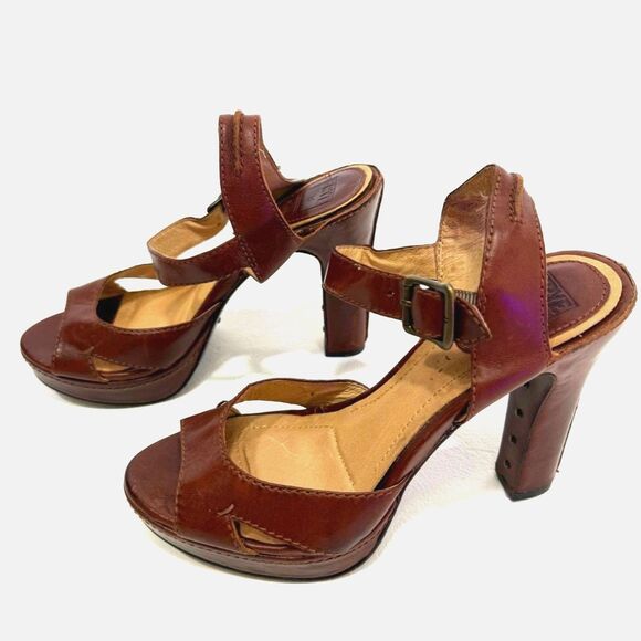 Frye Samantha Seam brown leather ankle strap platform heel sandal - Picture 1 of 10